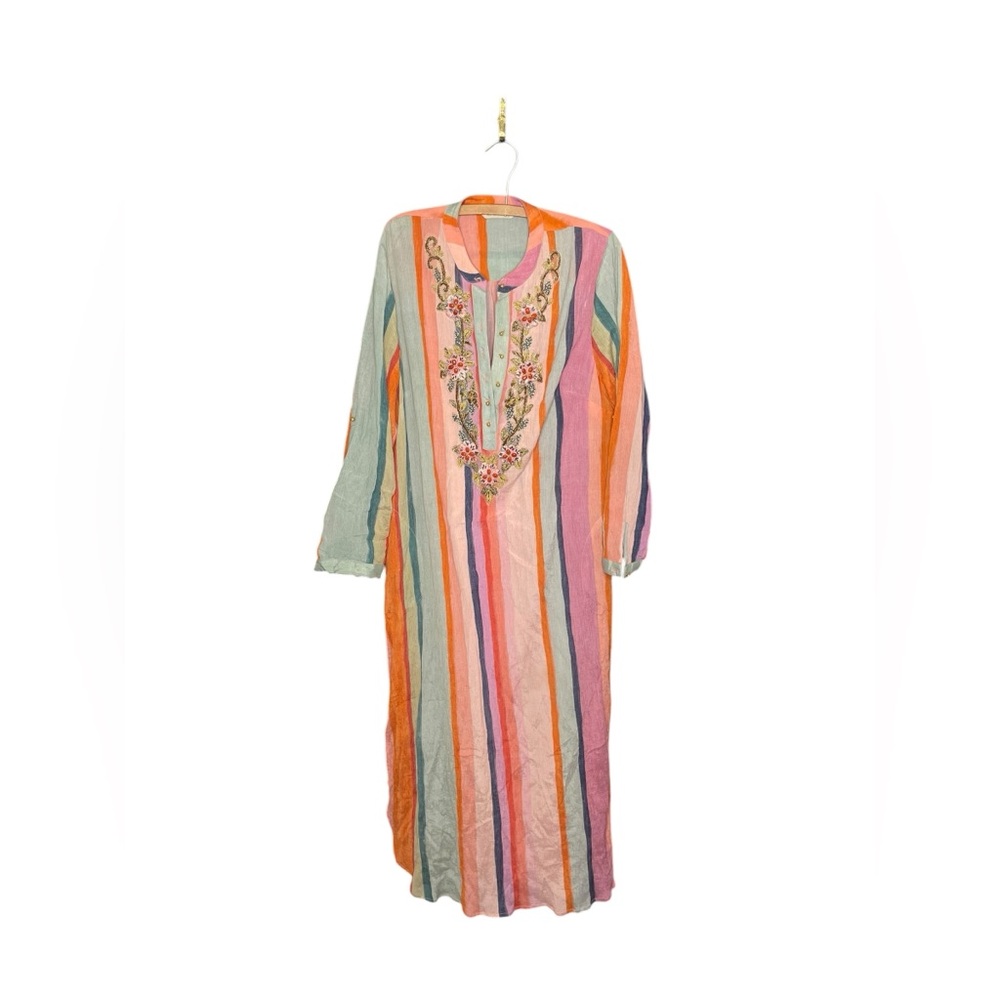 Soft Surroundings Striped Aruba Caftan Dress Maxi Gauzy Cotton Rayon India